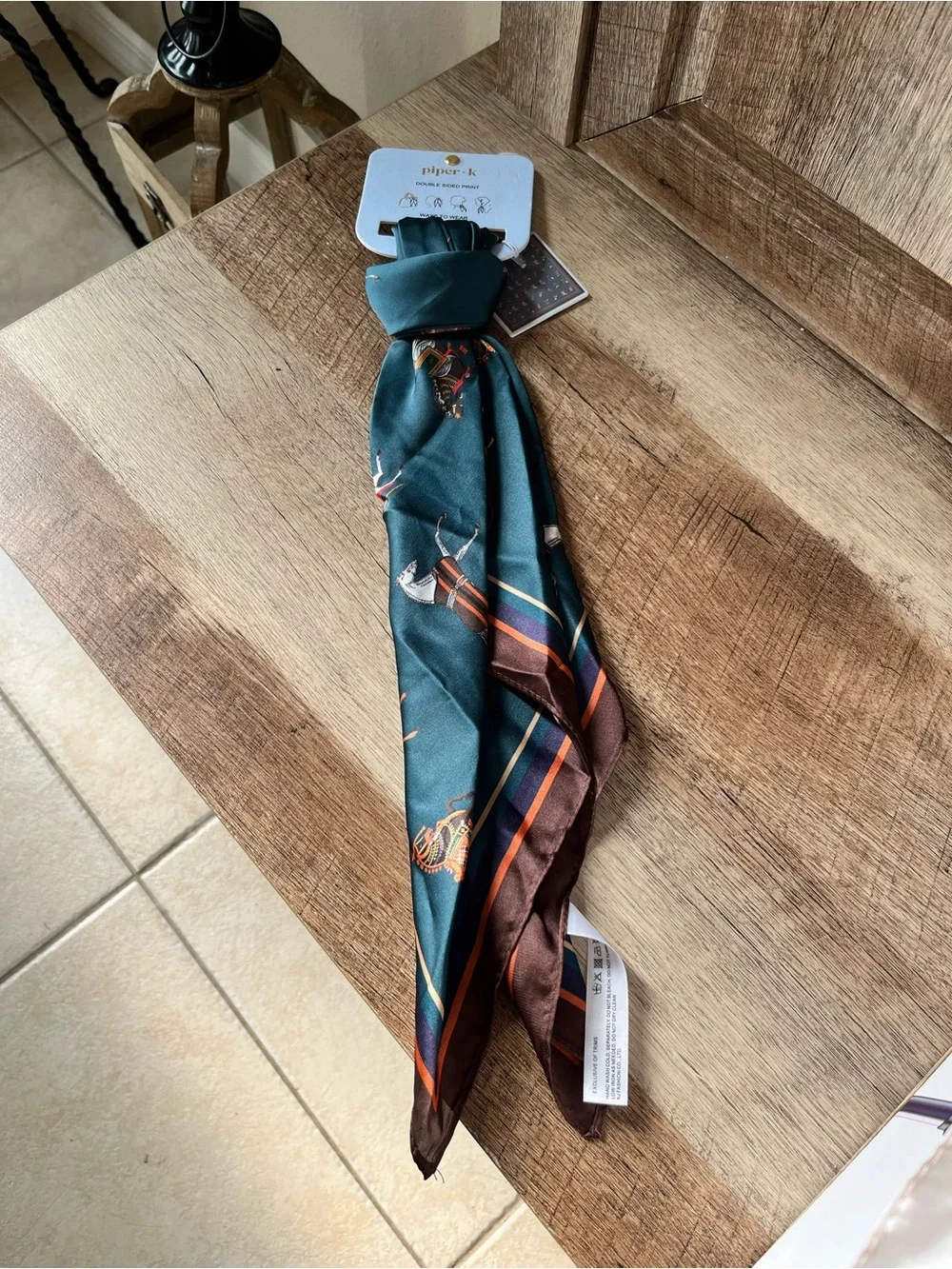 Piper K Equestrian Horse Print Silky Scarf NWT Double Sided Green Brown